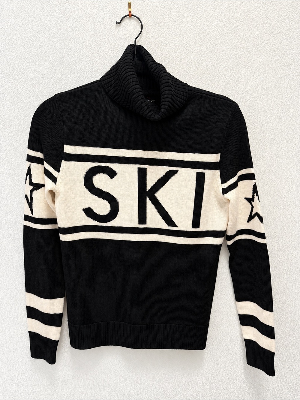 Perfect Moment Merino Wool Black and Cream 'SKI' Turtleneck Sweater